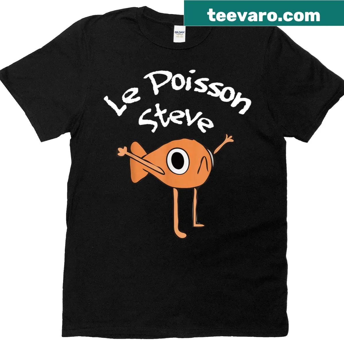 Meme-inspired T-shirt featuring Le Poisson Steve cartoon fish graphic. — on a men's t-shirt