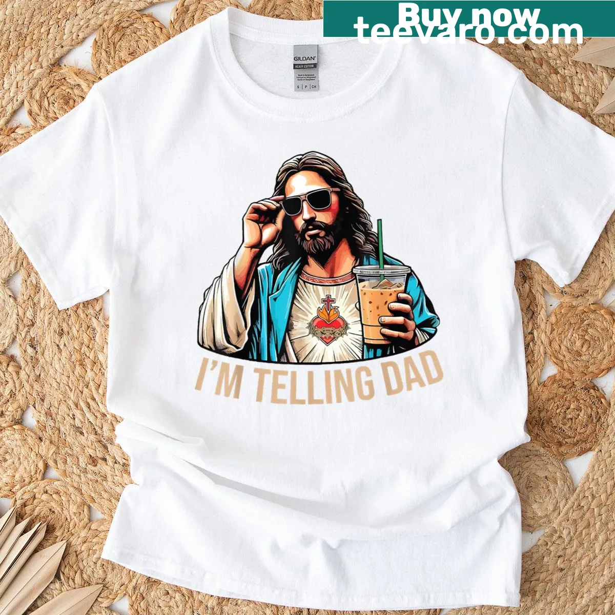 Retro style T-shirt with humorous religious text and graphic — on a men's t-shirt