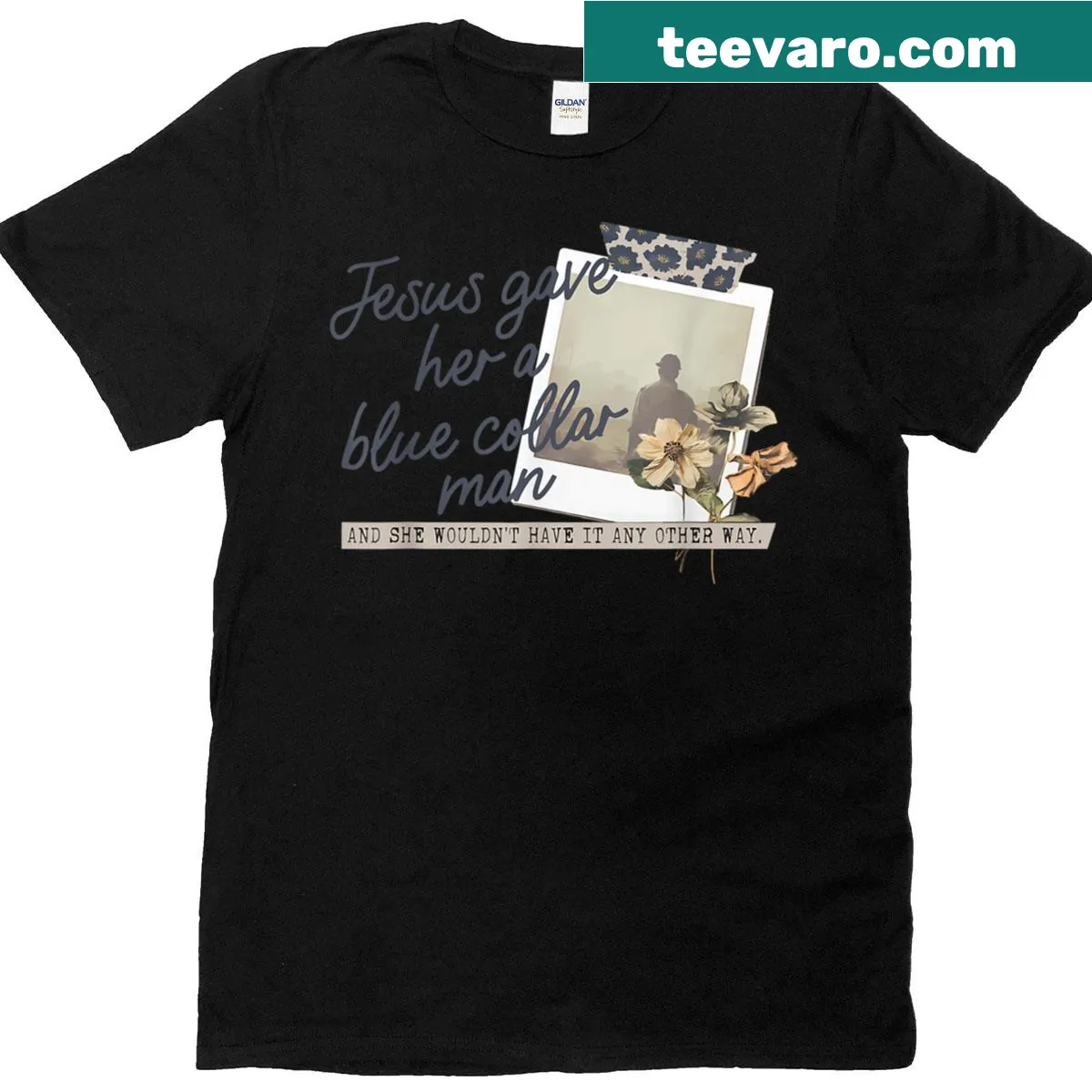 Humorous Christian T-shirt featuring a Bible verse about blue collar men — on a men's t-shirt