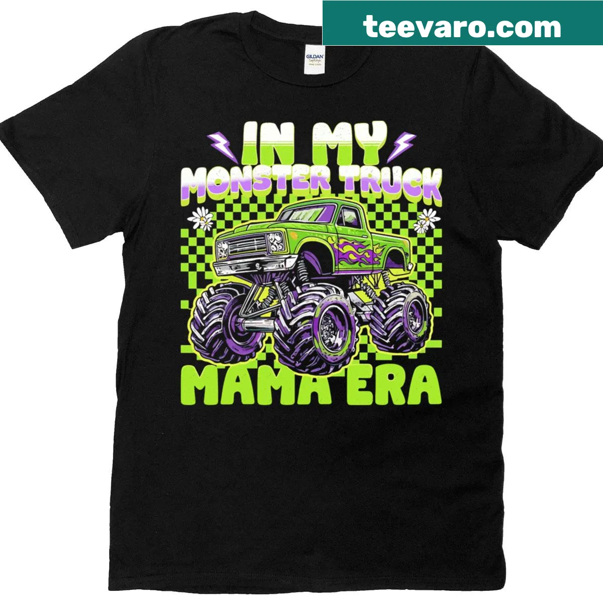 Playful typography t-shirt for monster truck moms — on a men's t-shirt