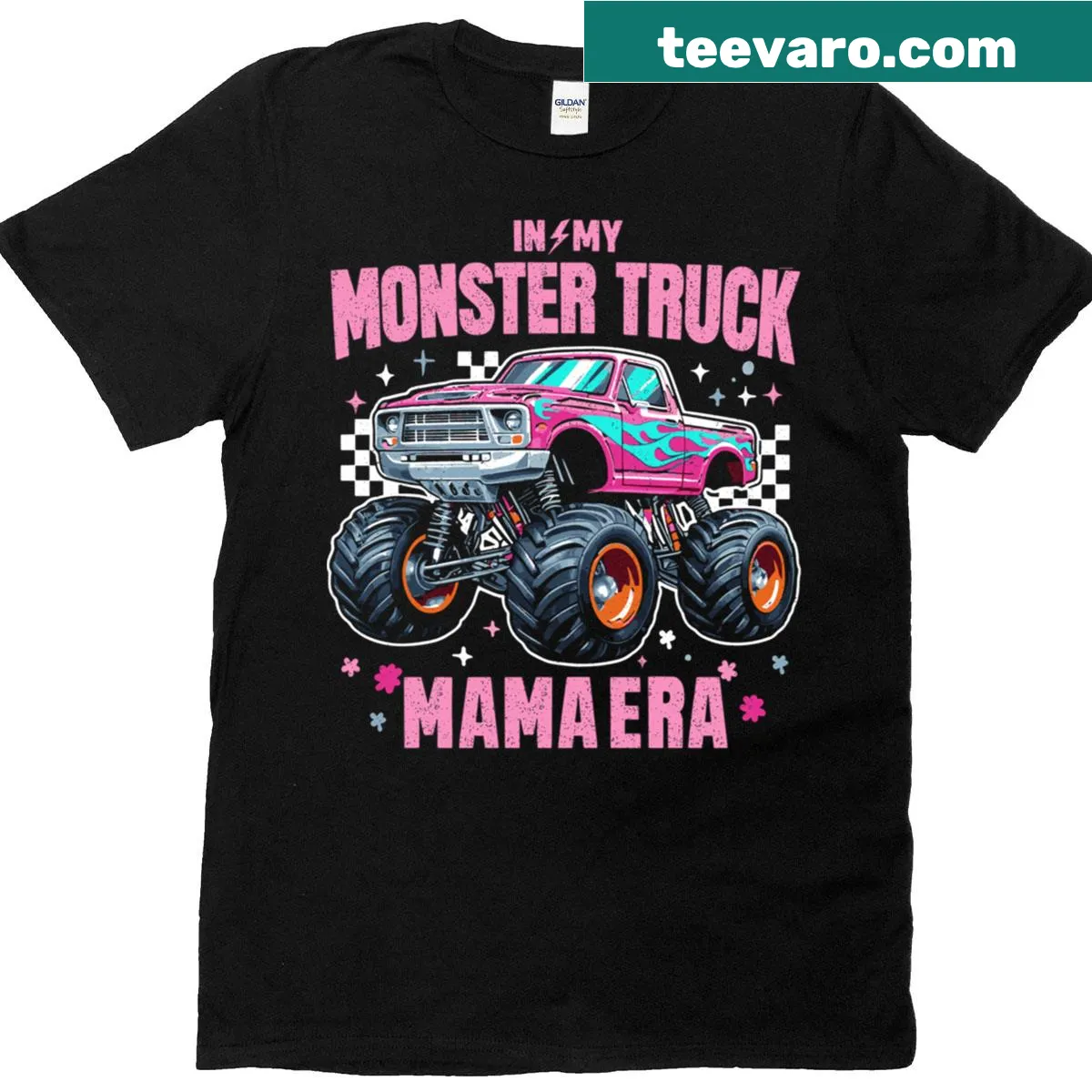 T-shirt for adventurous moms featuring a pink monster truck design — on a men's t-shirt