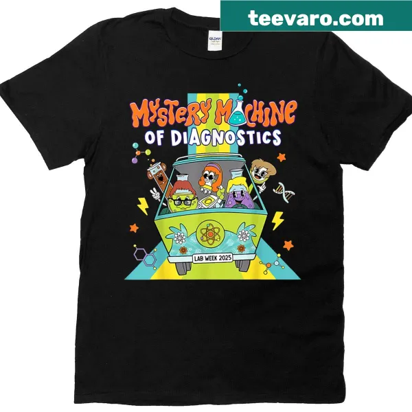 T-shirt with a fun illustration of a diagnostics-themed Mystery Machine