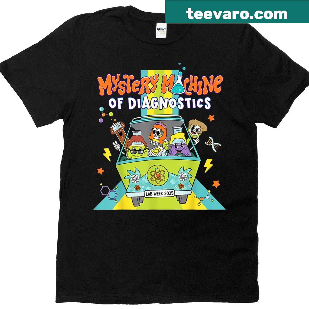 T-shirt with a fun illustration of a diagnostics-themed Mystery Machine — on a men's t-shirt