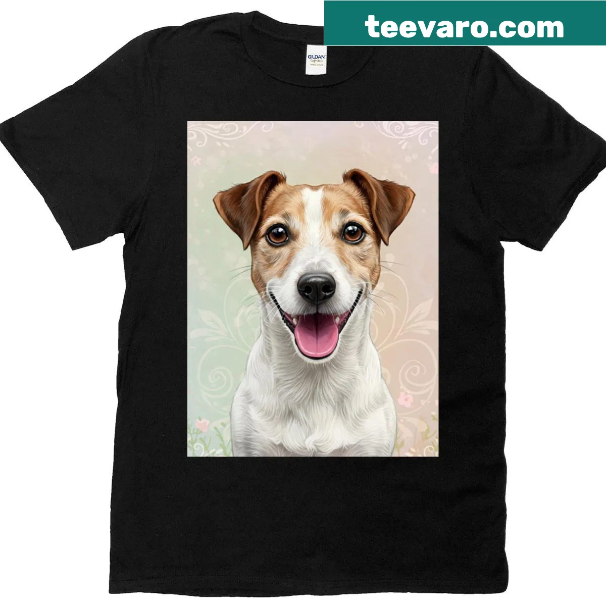 Graphic T-shirt featuring a happy Jack Russell with floral patterns — on a men's t-shirt