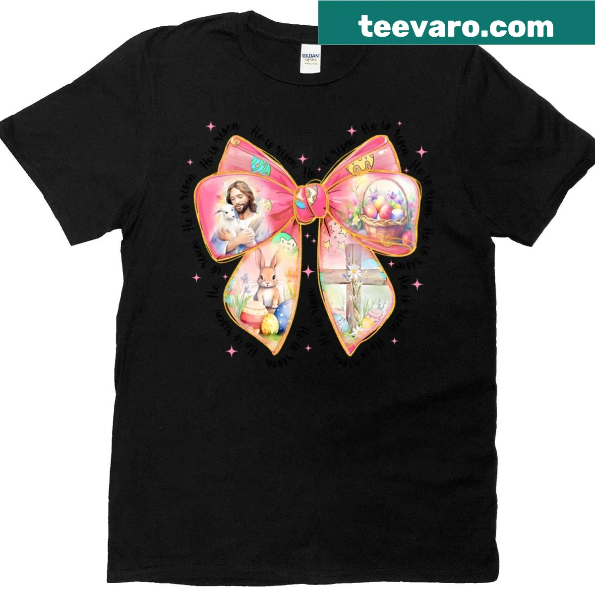 Easter T-shirt with the text 'He Is Risen' and bow design — on a men's t-shirt