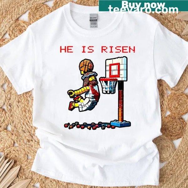 Pixel art Jesus with basketball and gaming elements on t-shirt