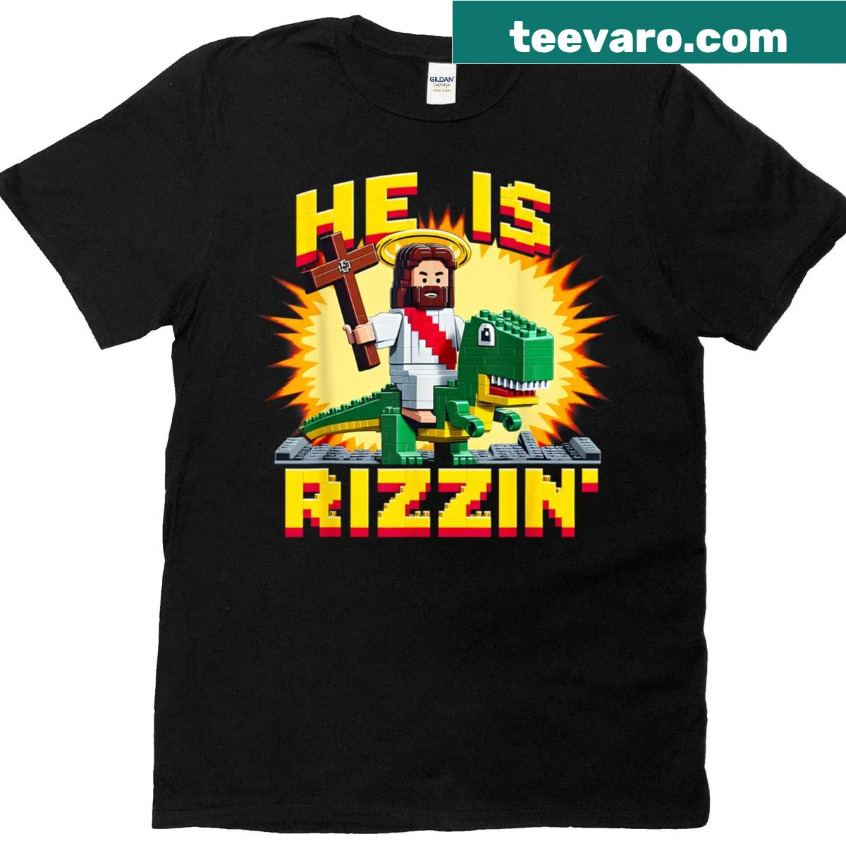 Retro pixel dinosaur design with 'He Is Rizzen Jesus Has Rizzen' text. — on a men's t-shirt