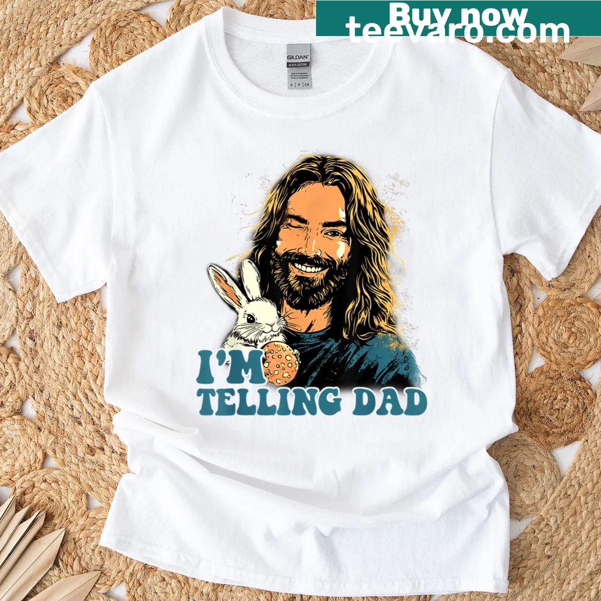 Cute Easter shirt with Jesus bunny cartoon — on a men's t-shirt