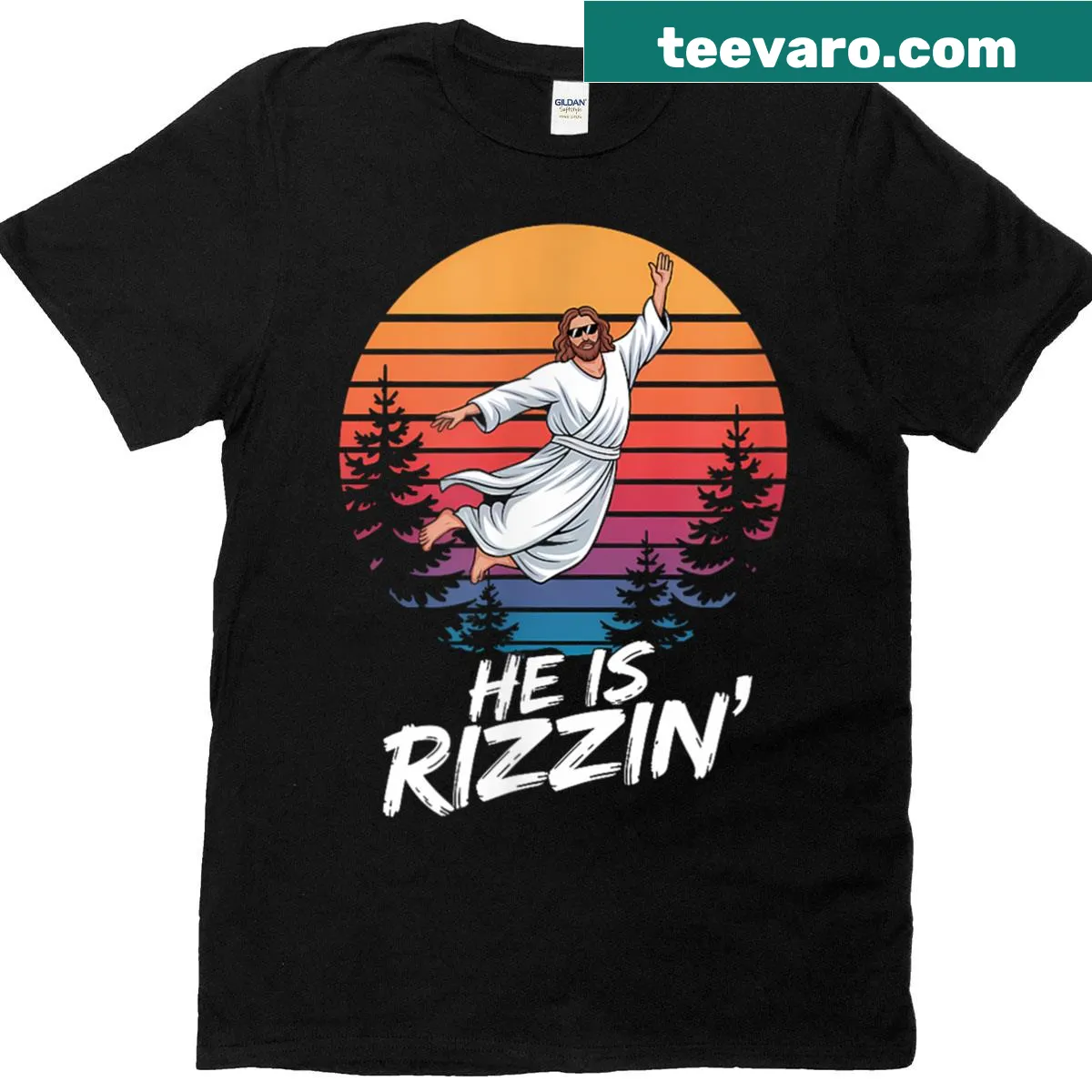 Easter T-shirt featuring 'He Is Rizzin' text and illustration — on a men's t-shirt