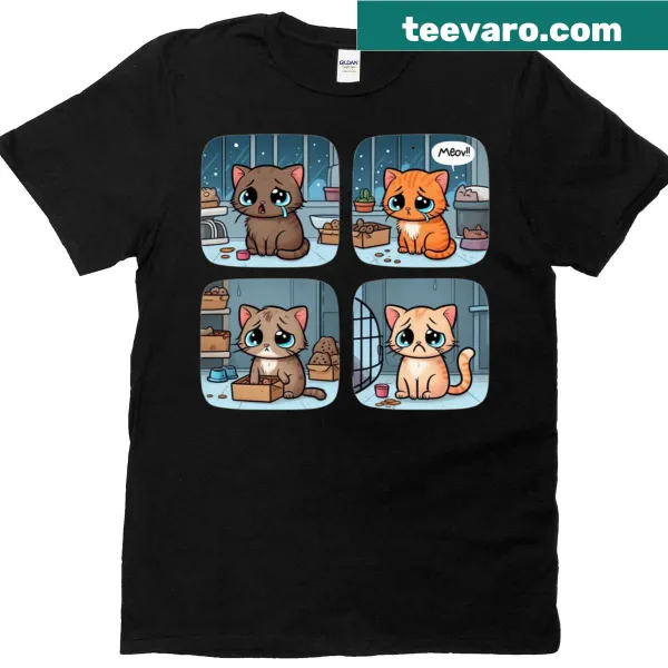 T-shirt with illustration of four sad little kitties from Heartbreak Collection.