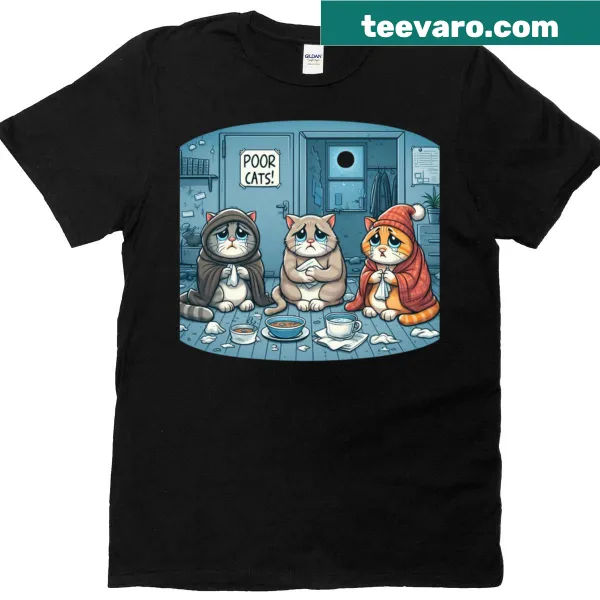 T-shirt featuring three lonely cartoon cats design.