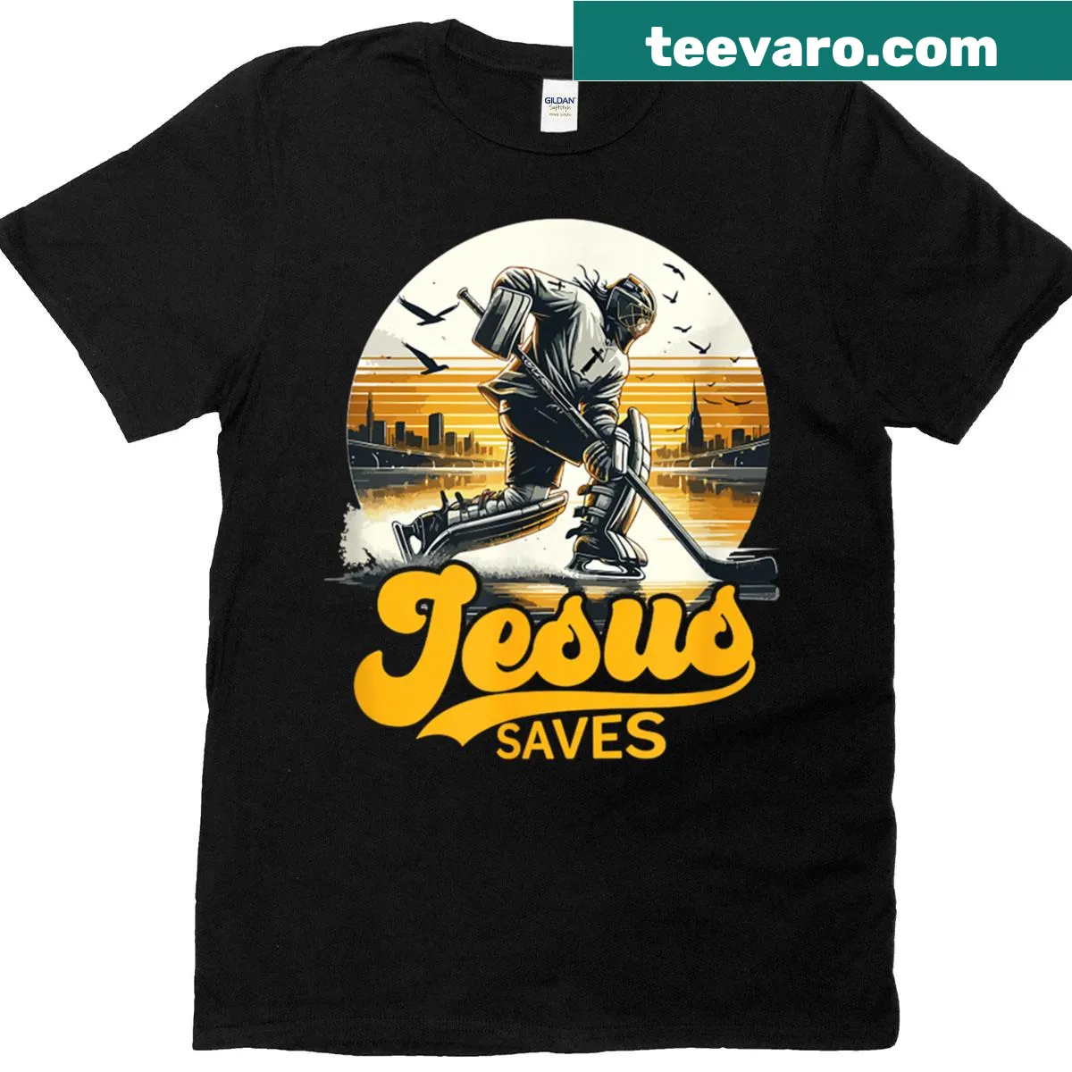 Vintage T-shirt featuring the phrase 'Hockey Jesus Saves' in retro font — on a men's t-shirt