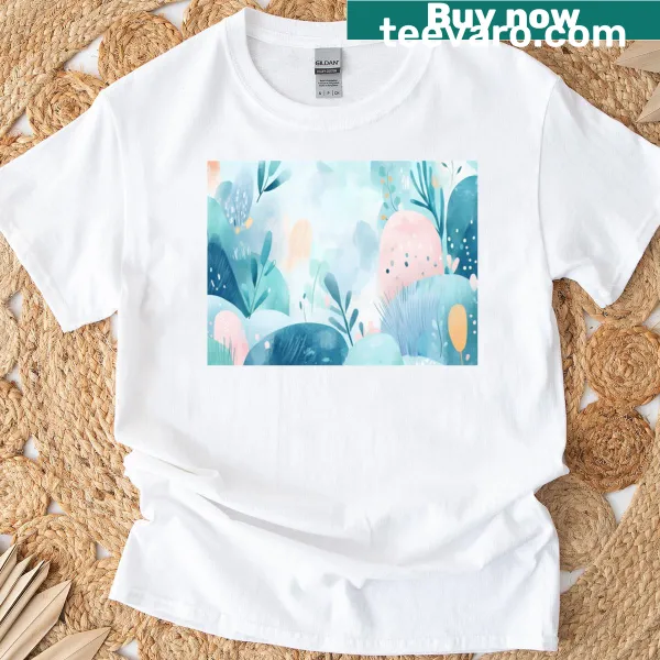 T-shirt featuring an illustration of an imaginary pastel fantasy world