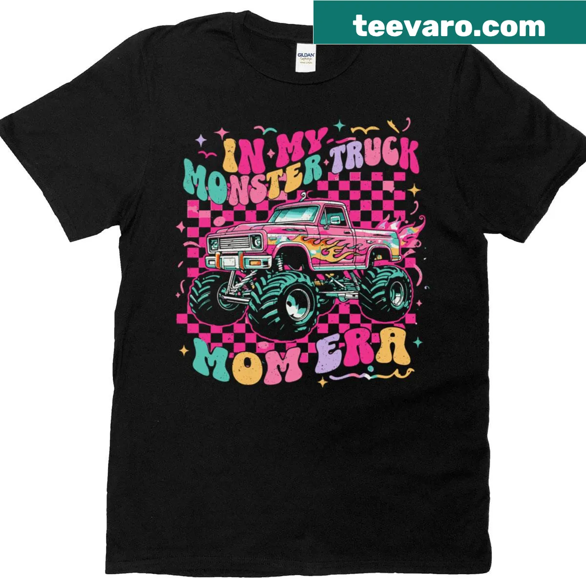 Groovy t-shirt for moms featuring a fun monster truck design — on a men's t-shirt