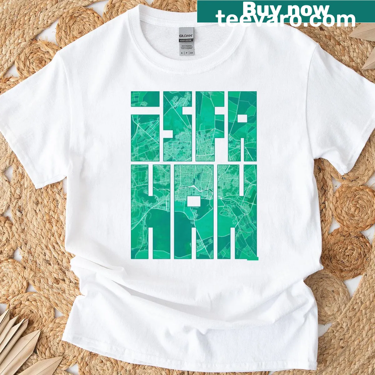 T-shirt featuring a watercolor map of Isfahan, Iran — on a men's t-shirt