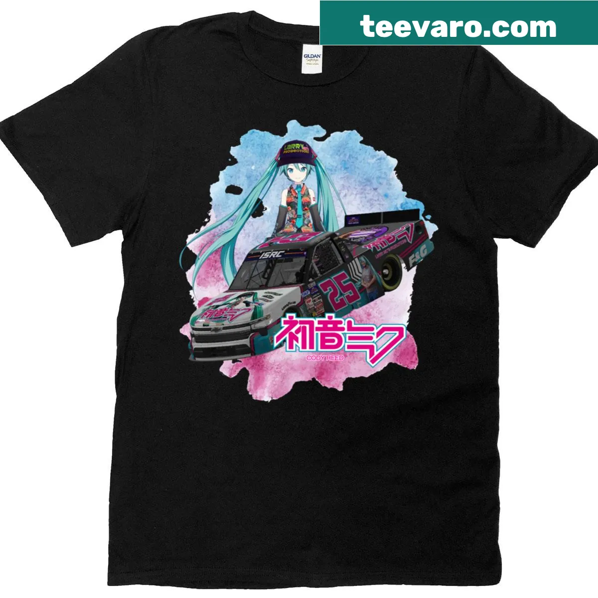 Illustration of Hatsune Miku with a truck design on t-shirt — on a men's t-shirt