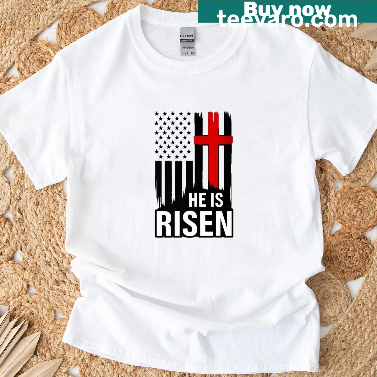 Easter shirt with the uplifting text 'He Is Risen'. — on a men's t-shirt