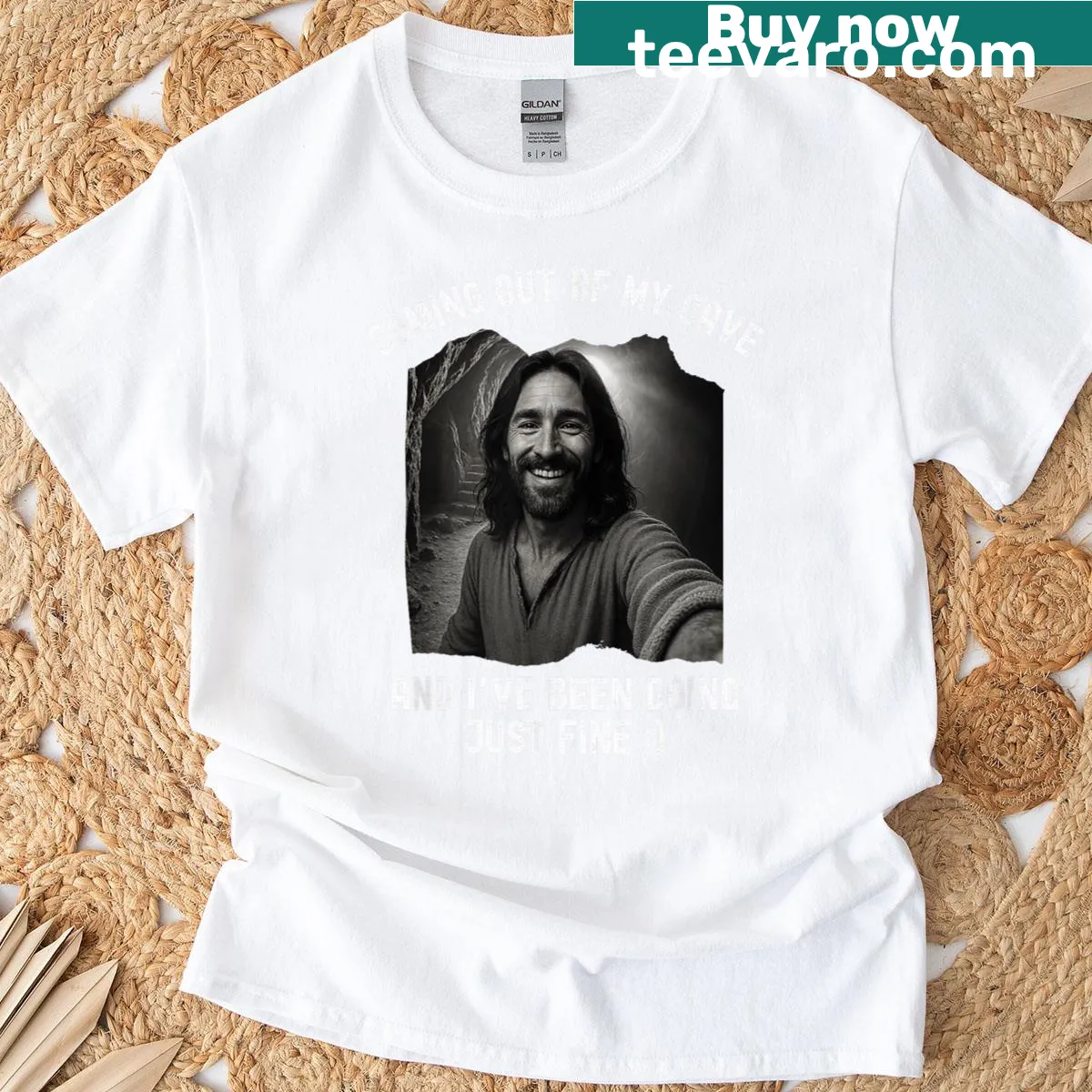 T-shirt with text about Jesus coming out of a cave — on a men's t-shirt