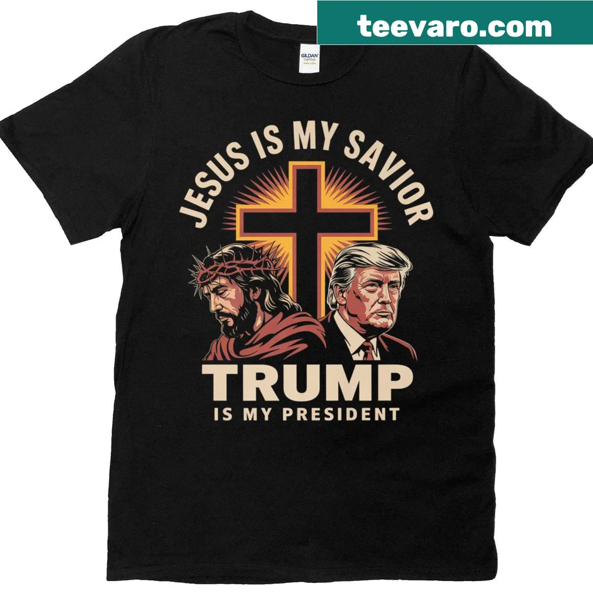 T-shirt with 'Jesus Is My Savior Trump Is My President' text — on a men's t-shirt