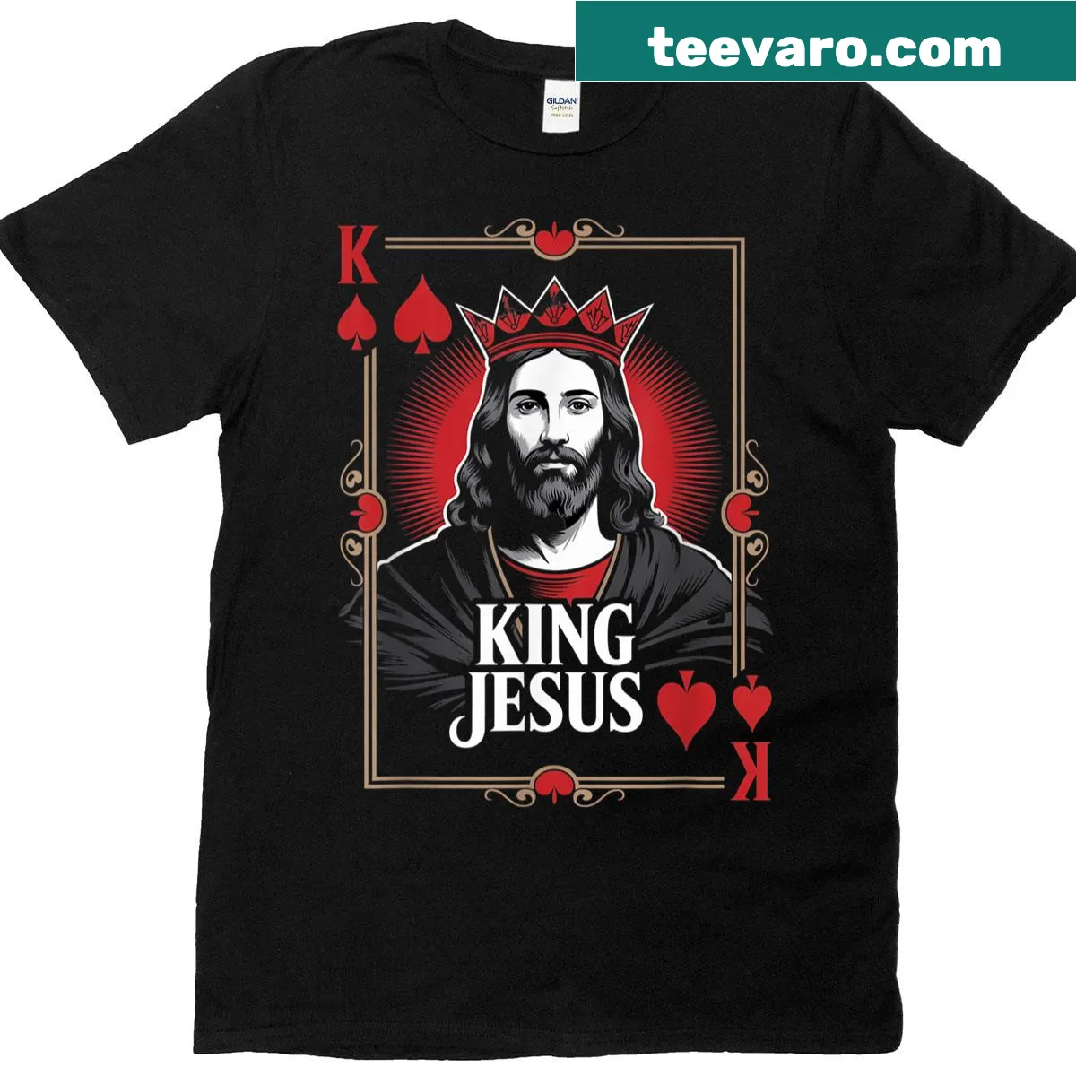 T-shirt with 'Jesus King' and King of Hearts illustration — on a men's t-shirt