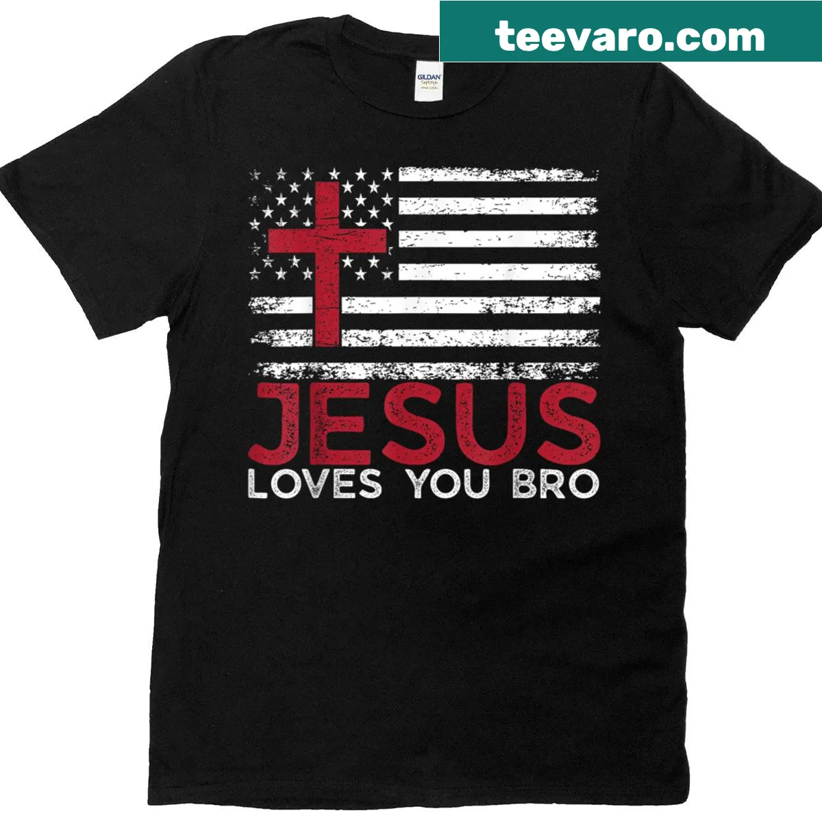 Christian t-shirt with 'Jesus Loves You Bro' and USA flag design — on a men's t-shirt