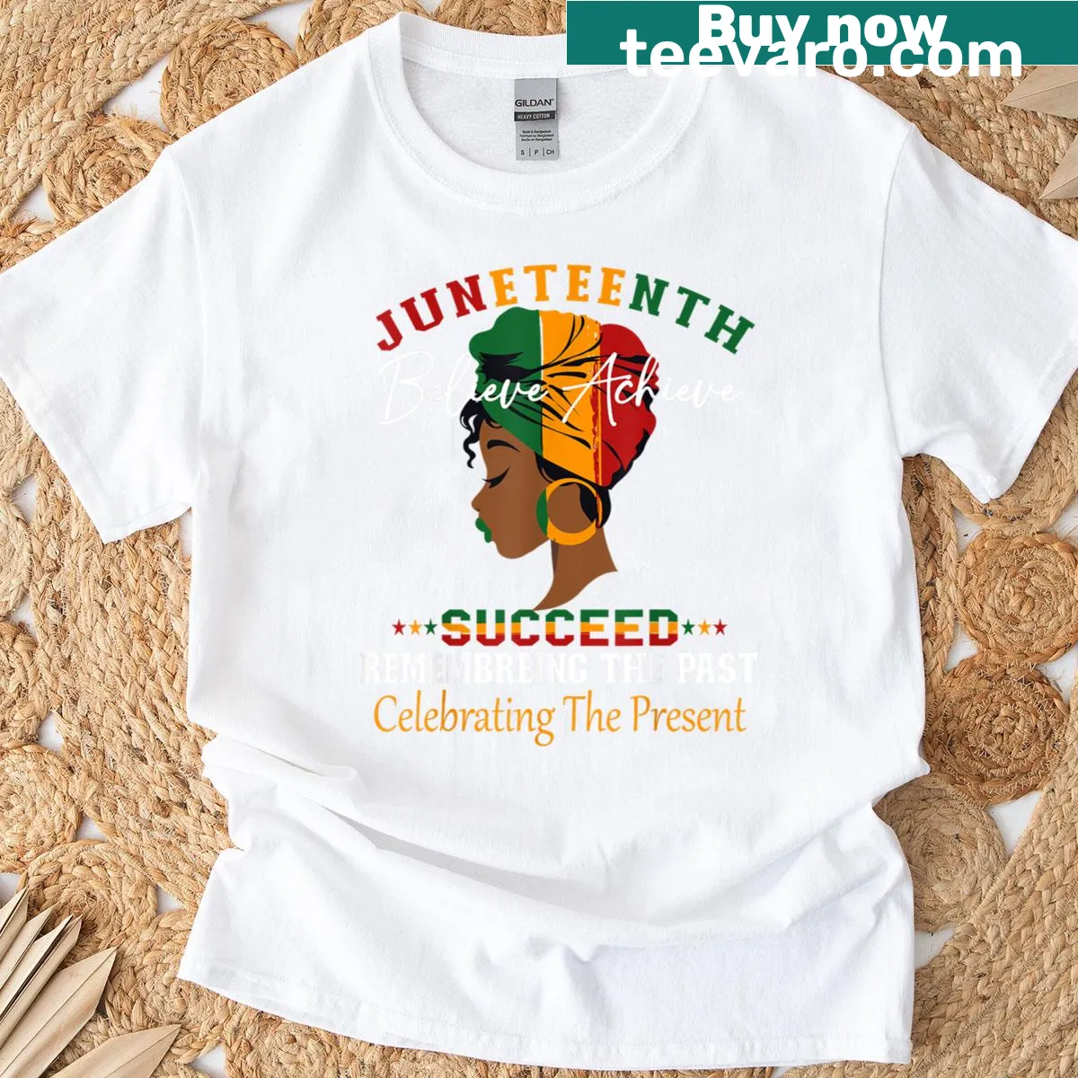 T-shirt with the phrase 'Juneteenth Remembering The Past Celebrating The Present' in typography — on a men's t-shirt