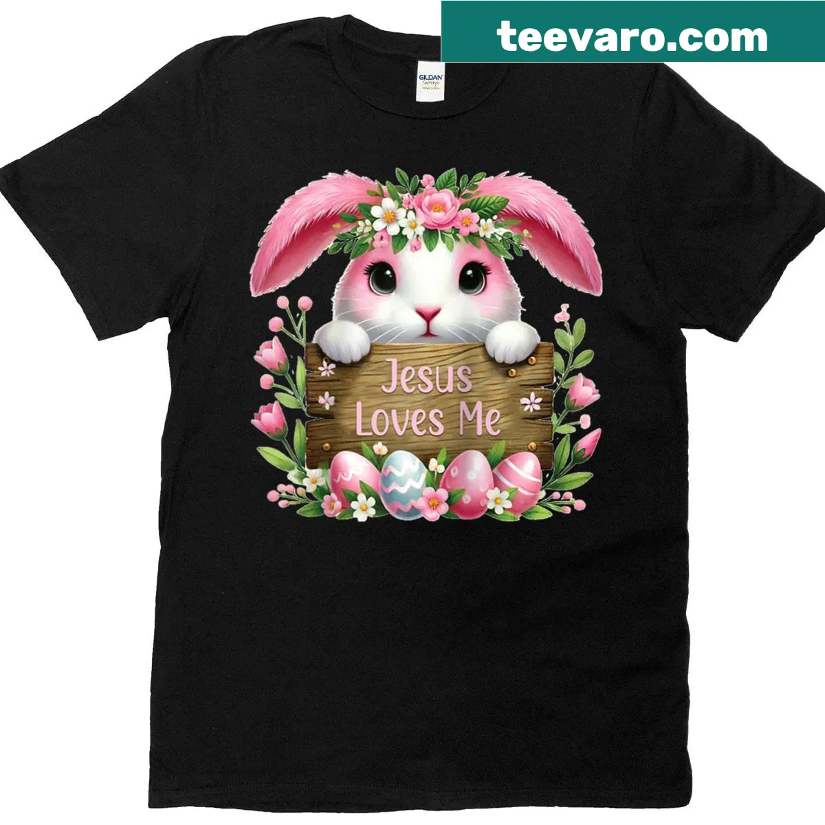 Illustrated pink bunny with text 'Jesus Loves Me' on baseball tee — on a men's t-shirt