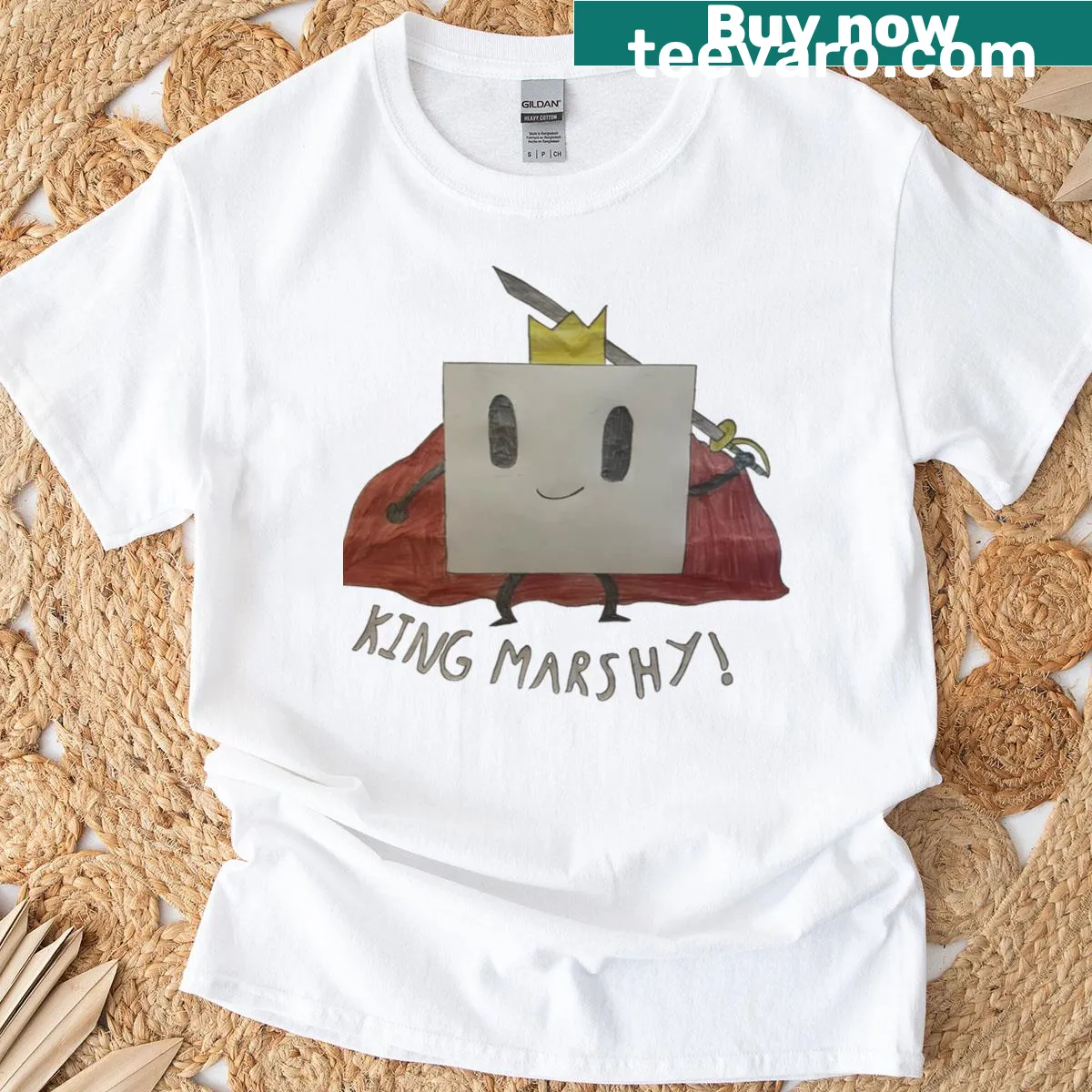 Cartoon graphic t-shirt featuring King Marshy design — on a men's t-shirt