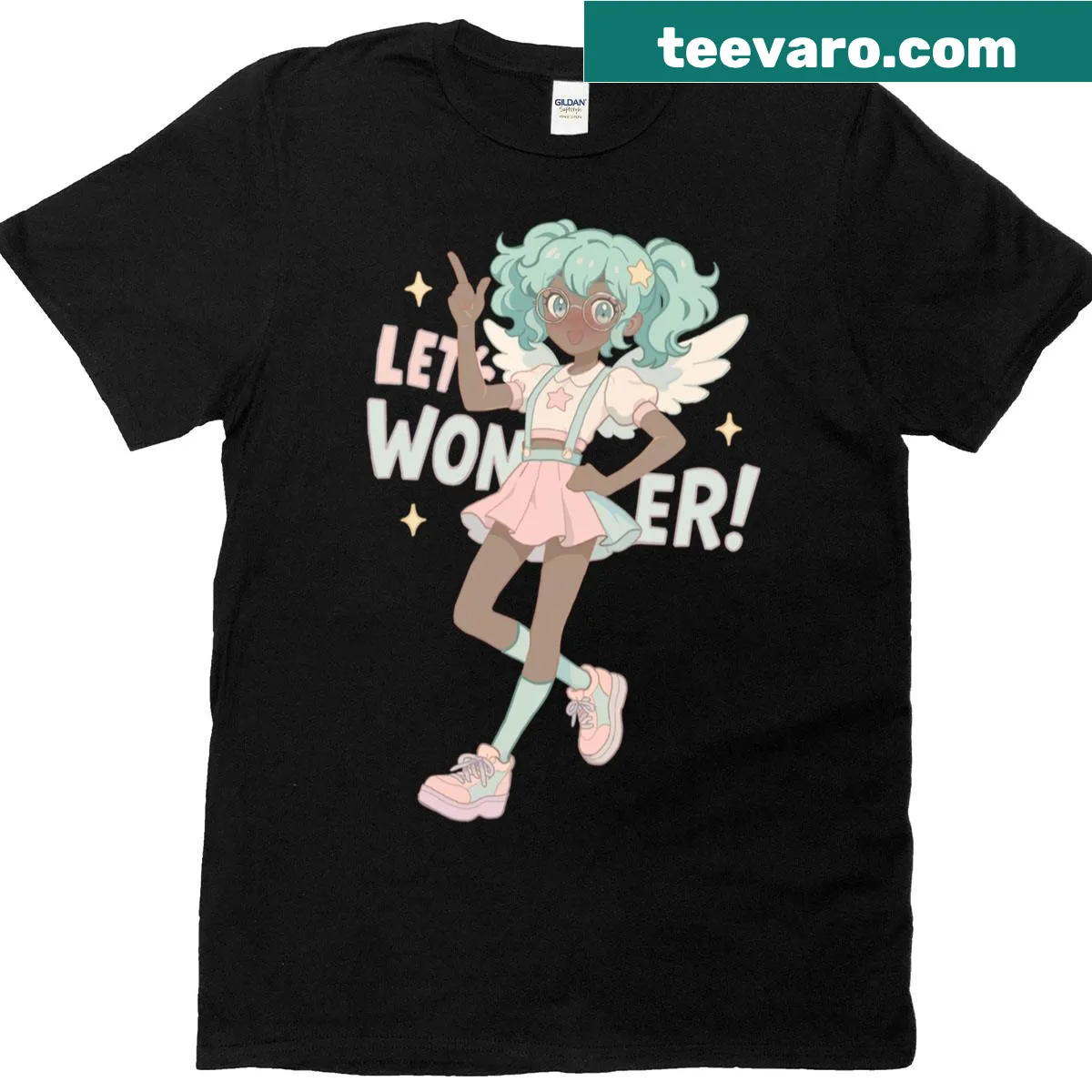 Inspirational typography t-shirt with the phrase 'Lets Wonder' — on a men's t-shirt