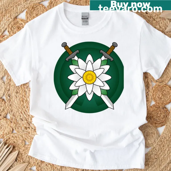Minimalist line-art design of lilies and swords on T-shirt