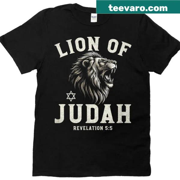 T-shirt featuring the Lion of Judah and Revelation 5:5, representing Christian faith.