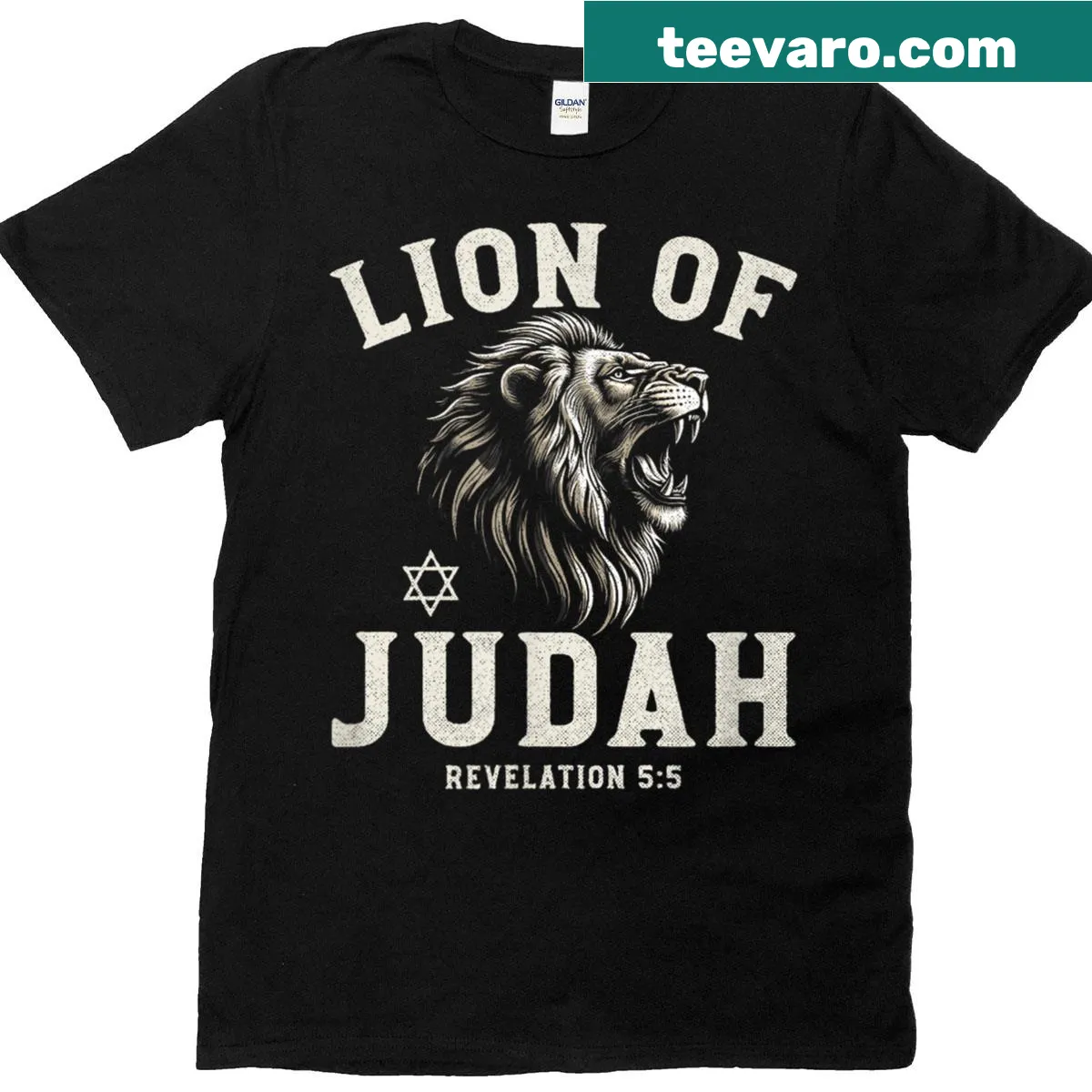 T-shirt featuring the Lion of Judah and Revelation 5:5, representing Christian faith. — on a men's t-shirt