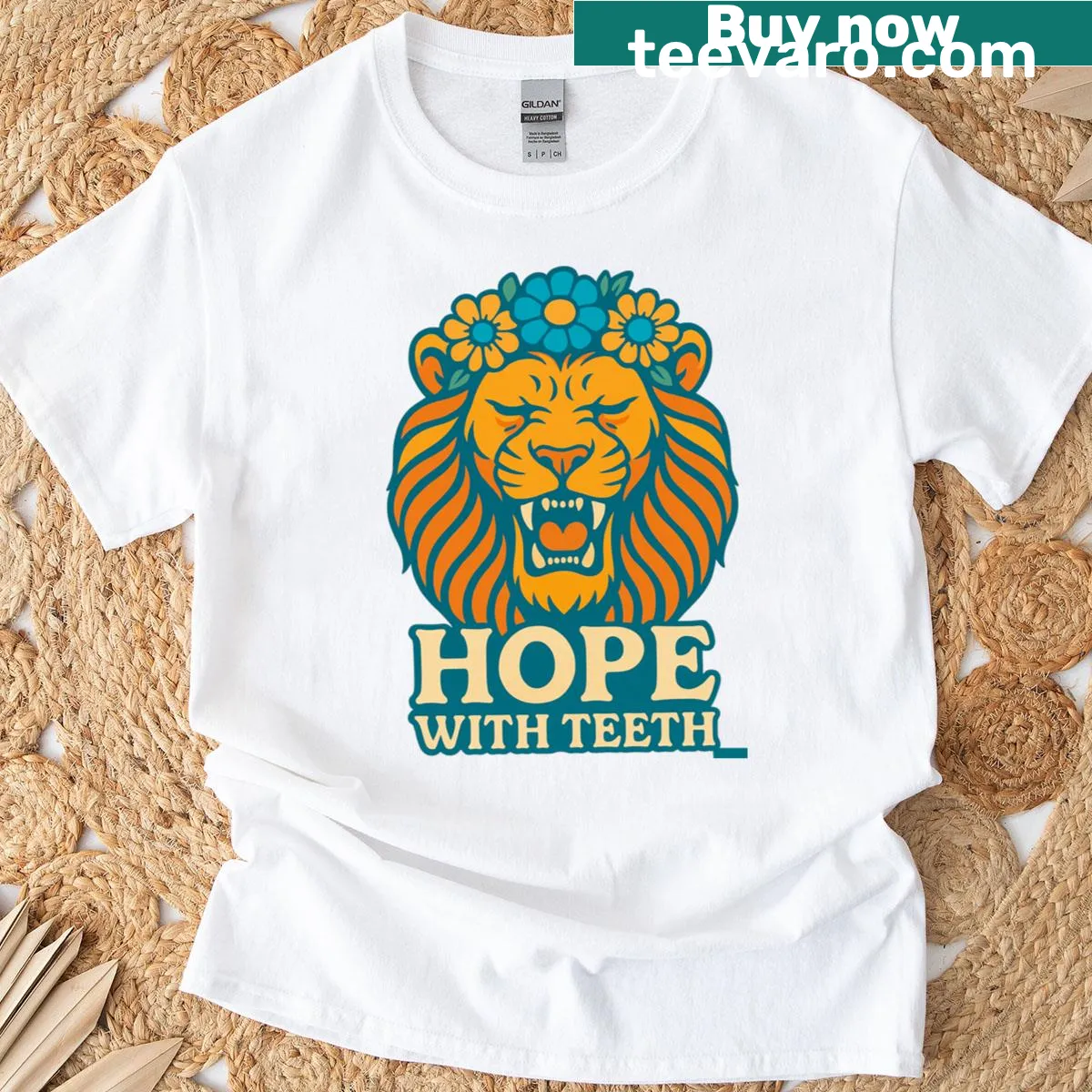 Retro lion graphic with flowers and the word hope — on a men's t-shirt