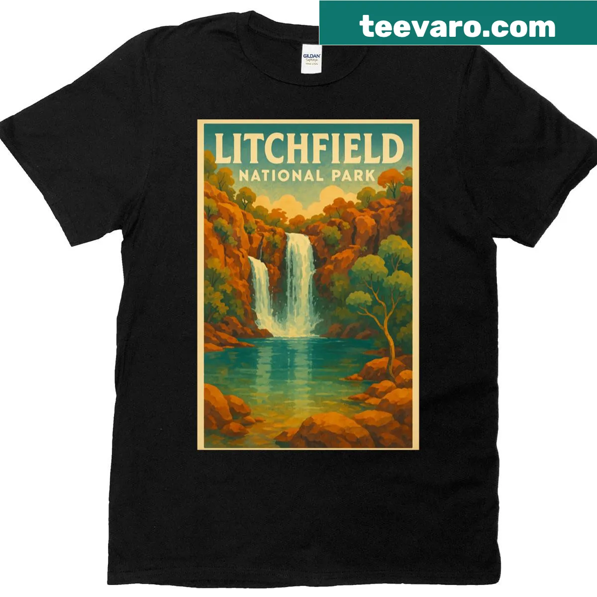 T-shirt with illustration of Litchfield National Park waterfalls — on a men's t-shirt