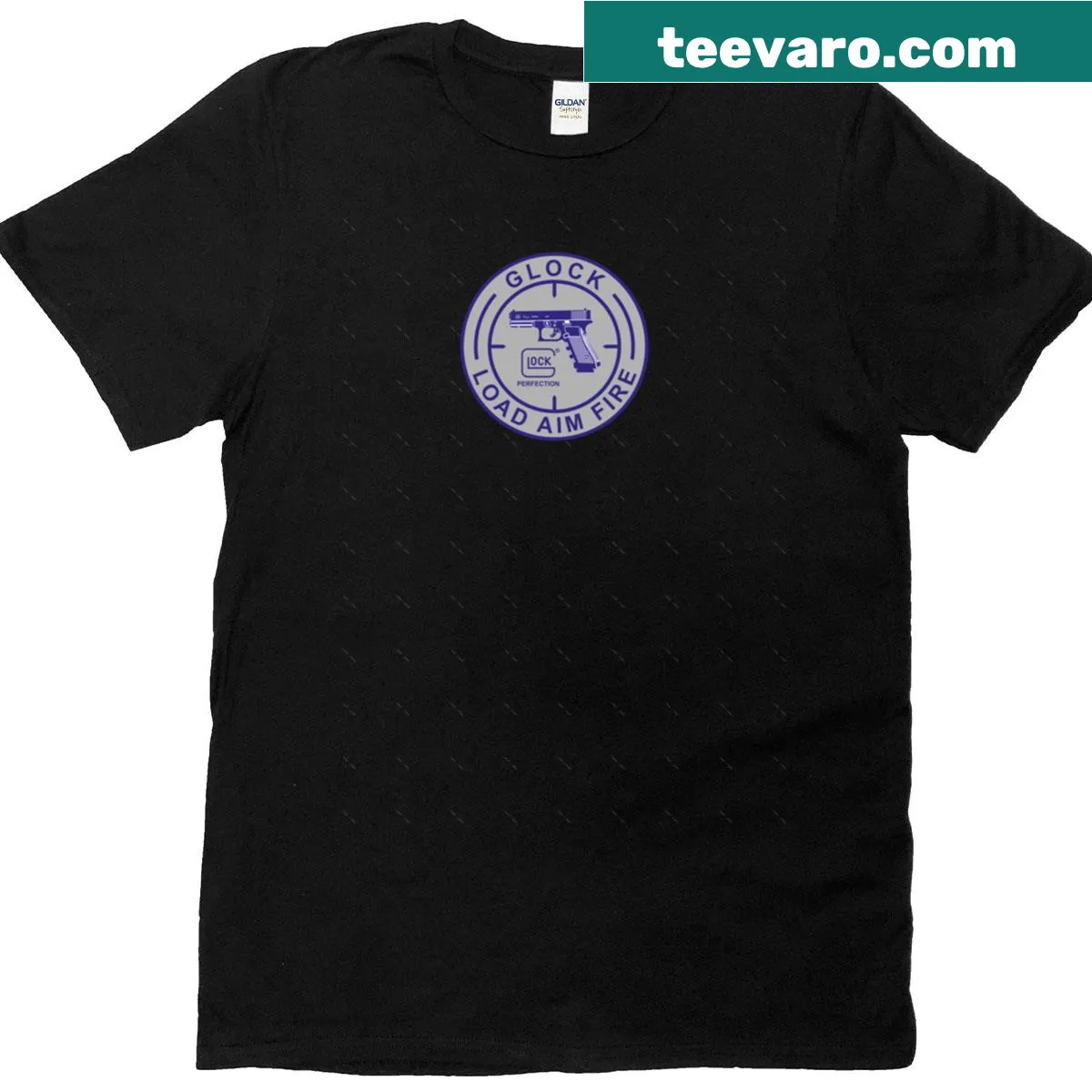 Oversized T-shirt with 'Load Aim Fire Perfection' text for tactical enthusiasts. — on a men's t-shirt