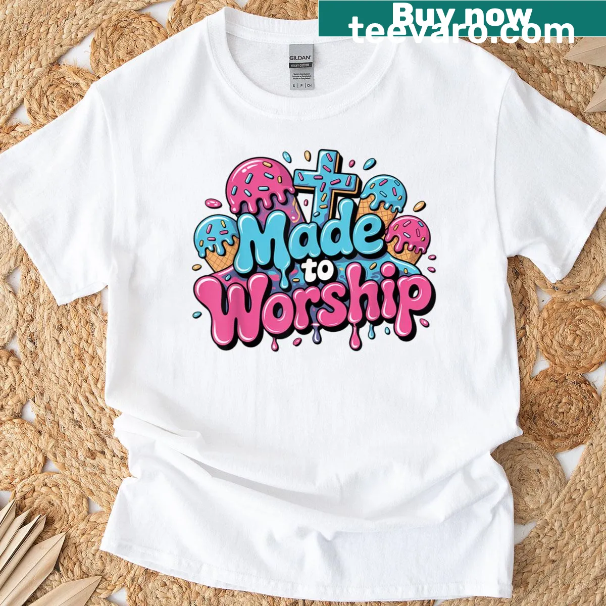 Cartoon T-shirt with ice cream and Made To Worship phrase for kids — on a men's t-shirt