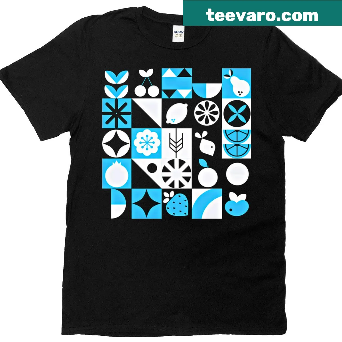 Bauhaus-style aqua geometric pattern T-shirt — on a men's t-shirt