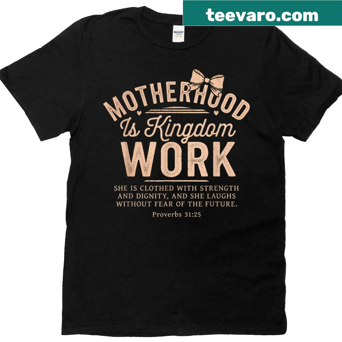 Inspirational Christian mom T-shirt with 'Motherhood Is Kingdom Work' text and bow graphic. — on a men's t-shirt