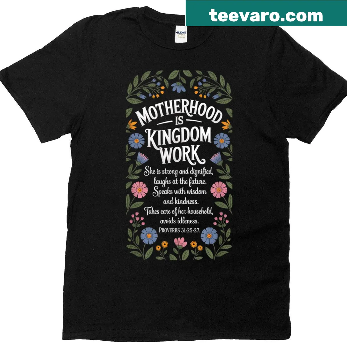 Inspirational T-shirt featuring 'Motherhood Is Kingdom Work' text. — on a men's t-shirt