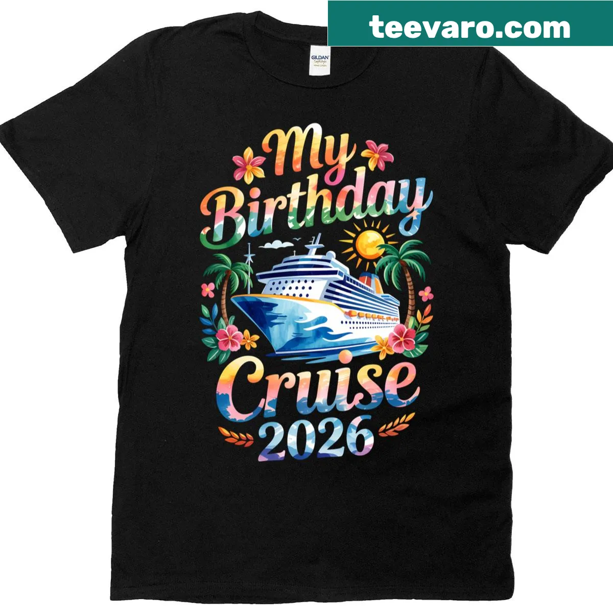 Tropical-themed T-shirt for a birthday cruise in 2026. — on a men's t-shirt