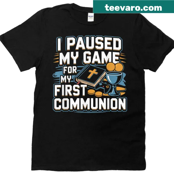 Cartoon style t-shirt featuring a video game controller and First Communion theme.