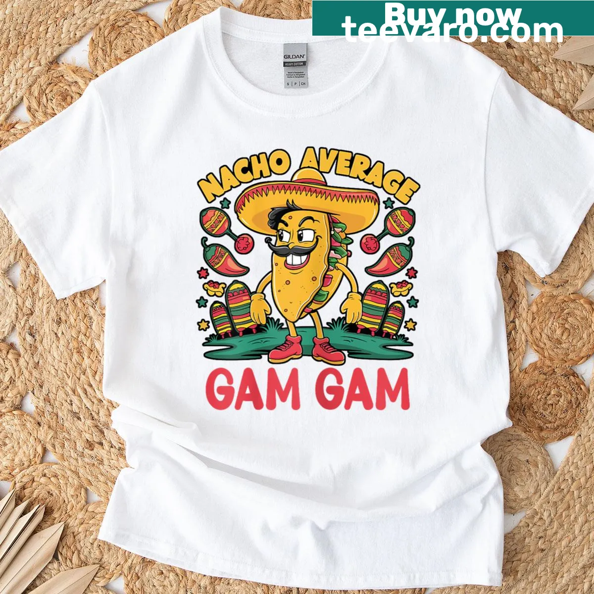 Funny t-shirt featuring 'Nacho Average Gam-gam' text — on a men's t-shirt