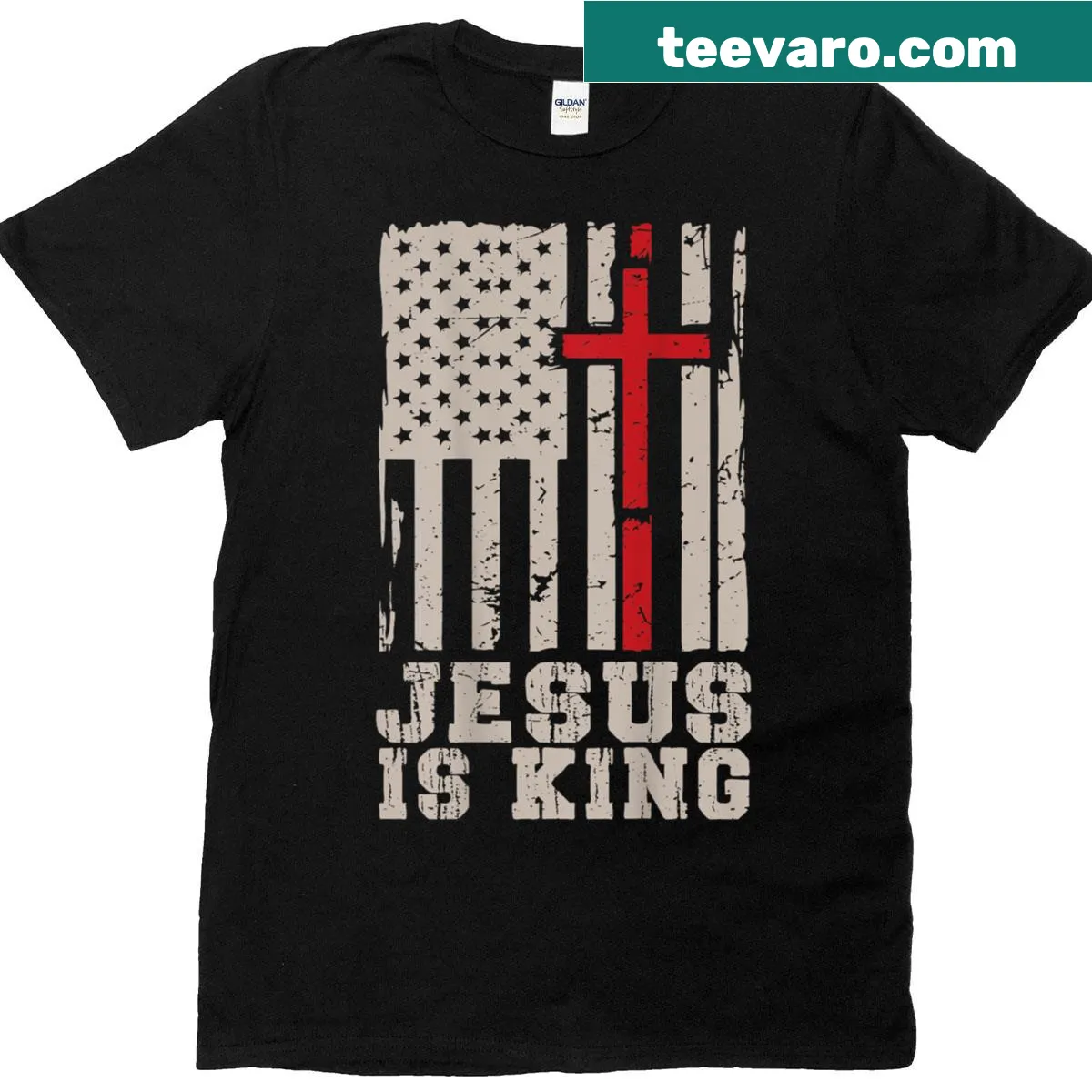Mens T-shirt with Jesus Is King and cross graphic printed on back — on a men's t-shirt