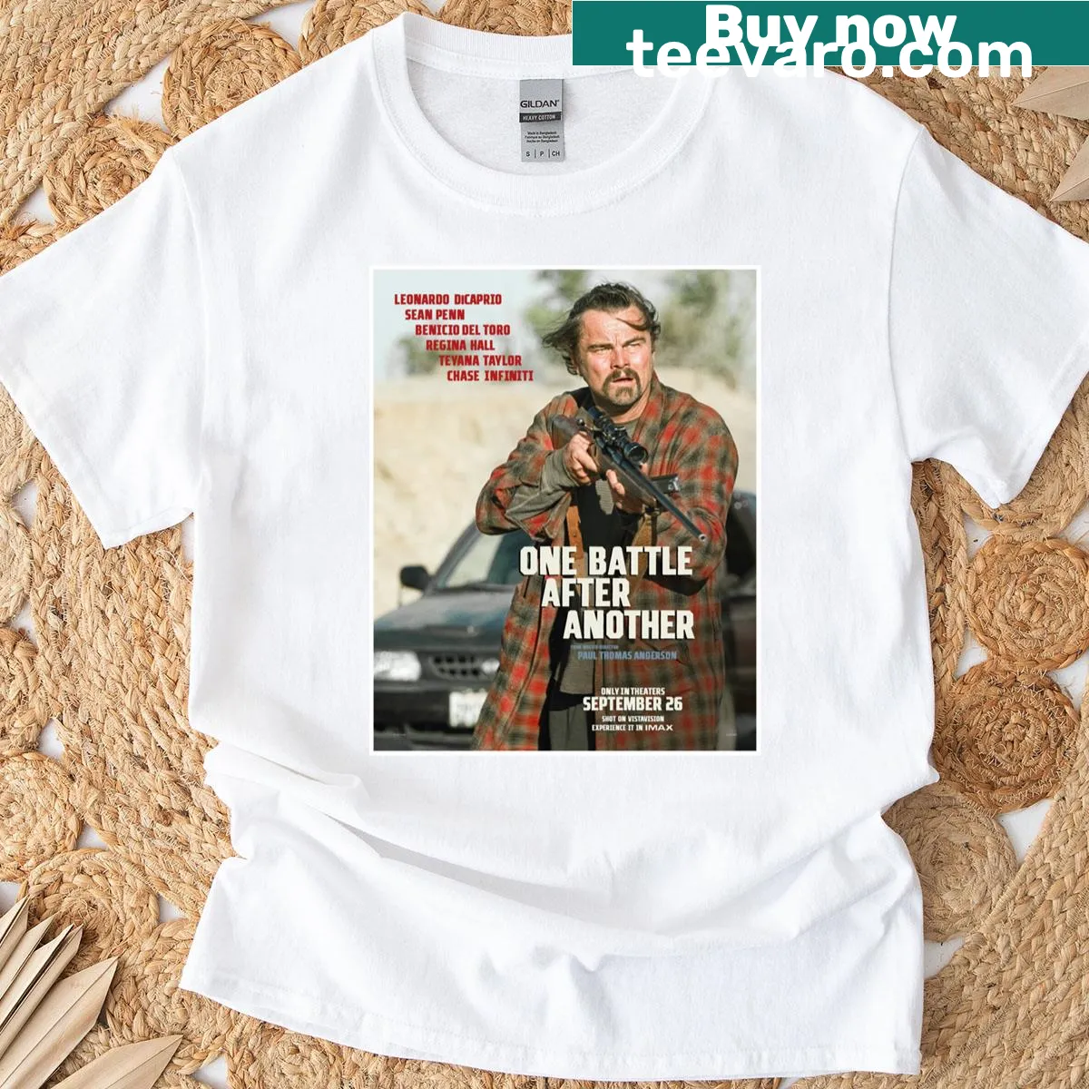 Movie poster design T-shirt featuring 'One Battle After Another' theme — on a men's t-shirt