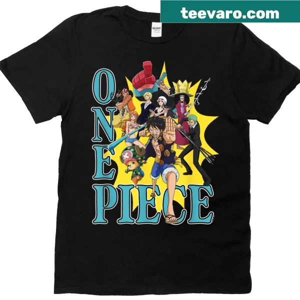 Collage of One Piece characters on a T-shirt
