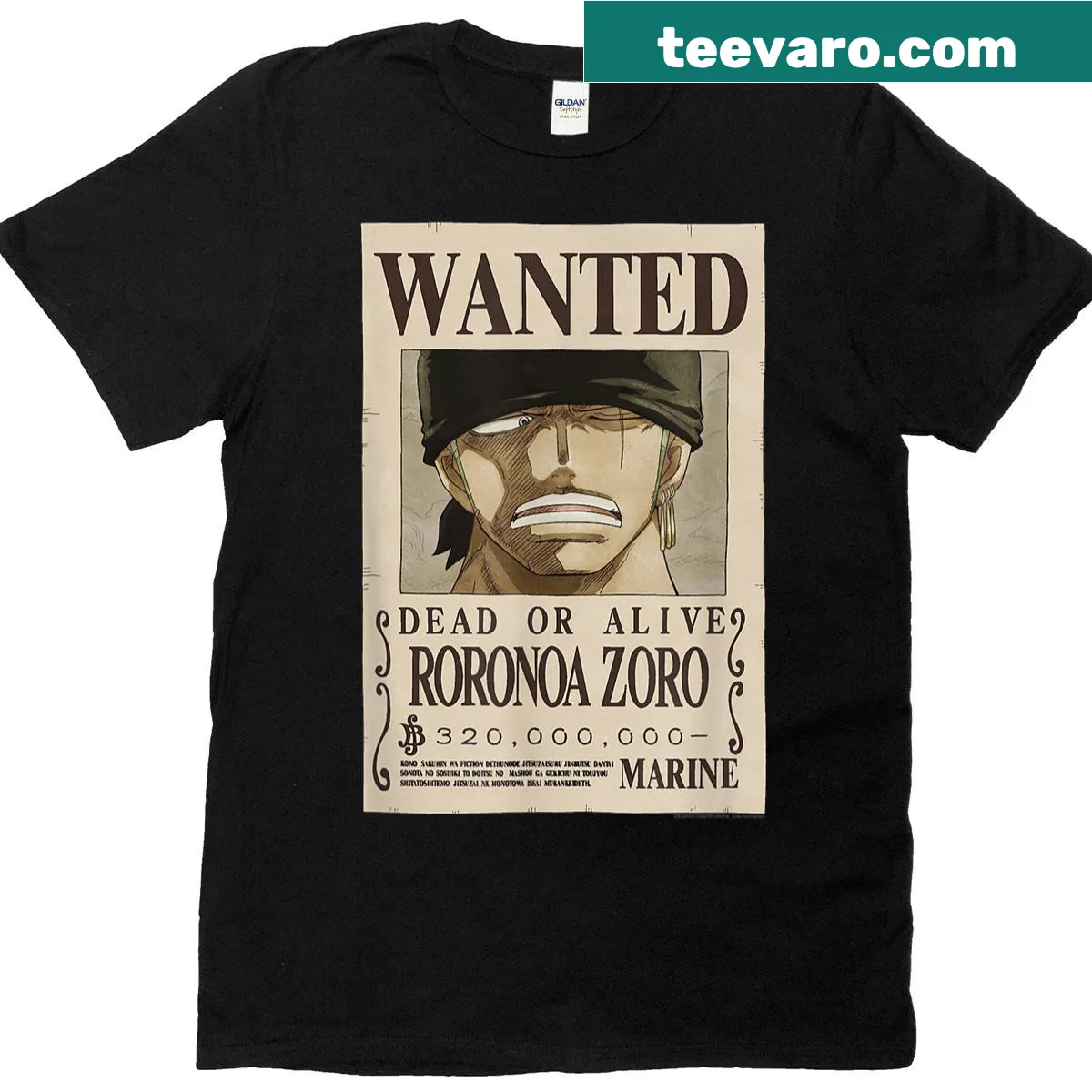 Wanted poster design featuring anime character Zoro — on a men's t-shirt