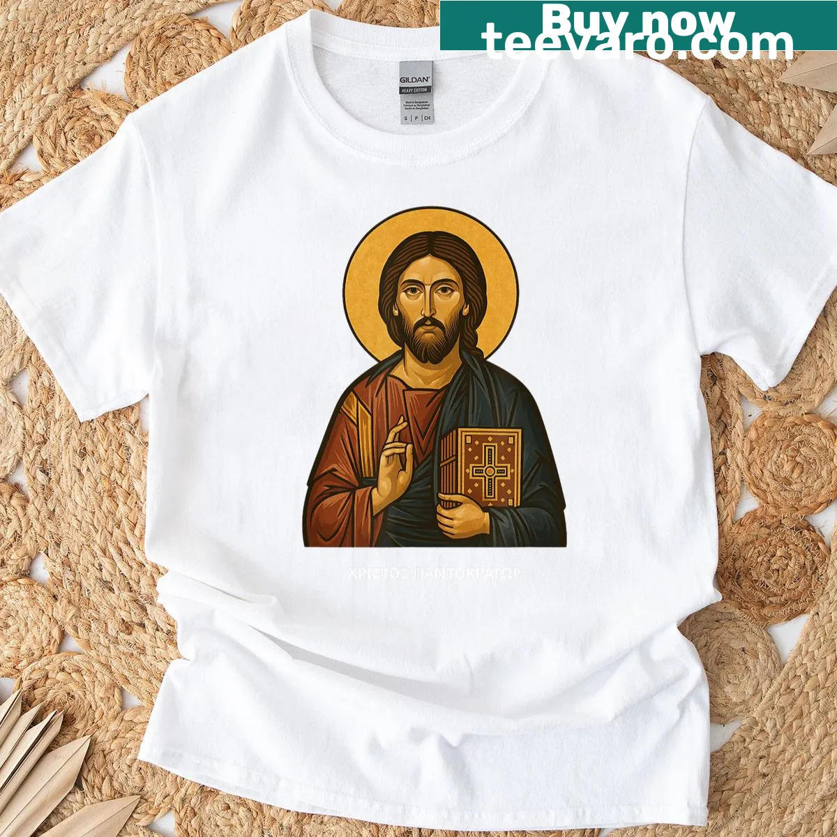Eastern Orthodox Christ Pantocrator icon on T-shirt — on a men's t-shirt