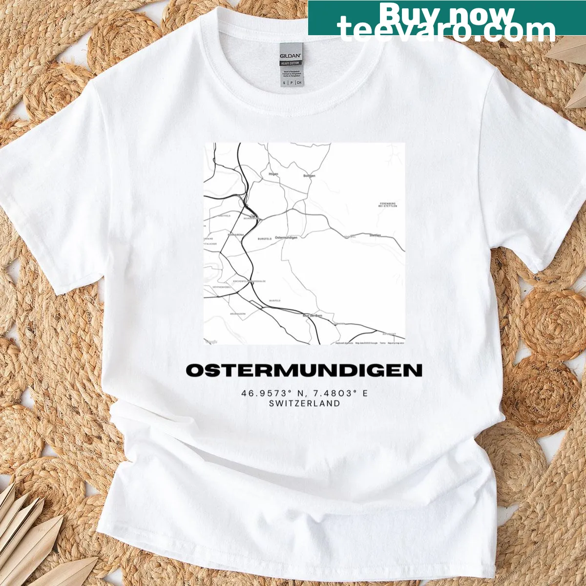 Minimalist black and white map of Ostermundigen, Switzerland on T-shirt — on a men's t-shirt