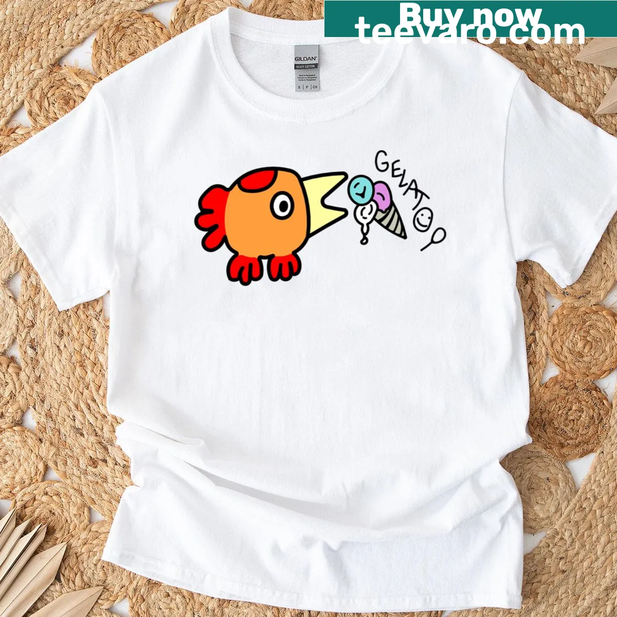 Cute cartoon T-shirt featuring Pam the Bird with gelato — on a men's t-shirt
