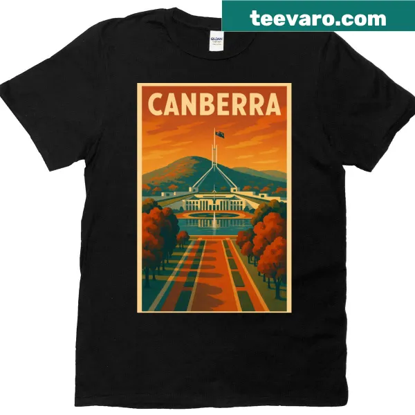 Illustration of Parliament House in Canberra at sunset on a t-shirt
